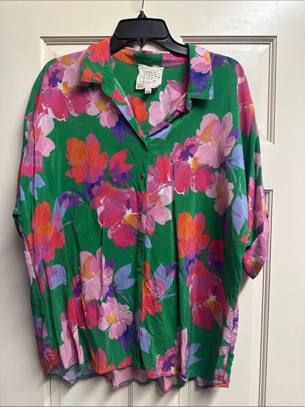 Johnny Was Green Floral Button-Down Shirt with Pink, Purple & Orange Blooms